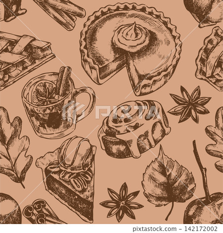 Vintage seamless Thanksgiving pattern. Sketch print of autumn sweets. Vintage seamless Thanksgiving pattern. Sketch print of autumn sweets. 142172002