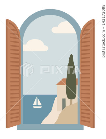 Mediterranean Window with Open Shutters and Coastal Sea View Mediterranean Window with Open Shutters and Coastal Sea View 142172098