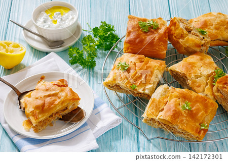 Greek kreatopita of phyllo filled with minced meat 142172301