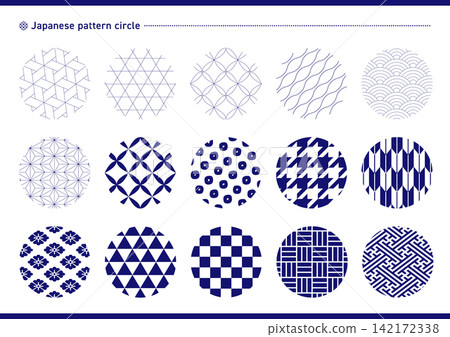 A set of circular Japanese patterns such as Seigaiha (wave pattern) and Asanoha (hemp leaf pattern) - Blue A set of circular Japanese patterns such as Seigaiha (wave pattern) and Asanoha (hemp leaf pattern) - Blue 142172338