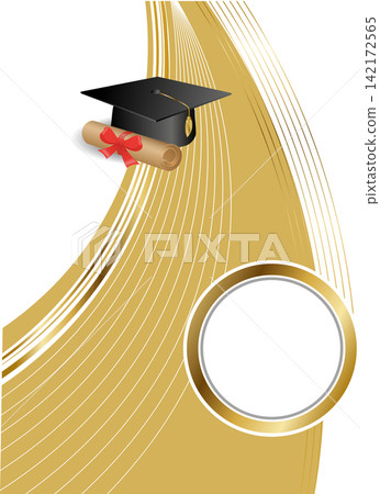 Graduation ceremony layout template with black mortarboard hat scroll diploma and golden waves for academic certificate design Graduation ceremony layout template with black mortarboard hat scroll diploma and golden waves for academic certificate design 142172565