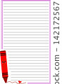 Lined notebook paper page layout template featuring cute red crayon character for kids handwriting practice and back to school primary educational design 142172567