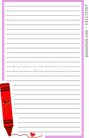 Lined notebook paper page layout template featuring cute red crayon character for kids handwriting practice and back to school primary educational design Lined notebook paper page layout template featuring cute red crayon character for kids handwriting practice and back to school primary educational design 142172567
