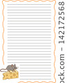 Lined notebook paper page layout template with cute cartoon mouse and cheese for kids handwriting practice writing design 142172568