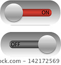 Metallic 3D toggle switch button layout template with red ON and dark grey OFF states for web mobile user interface design 142172569