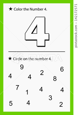 Kids math educational worksheet template with number four tracing and coloring activity for kindergarten learning design 142172571