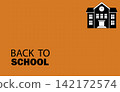 Orange background layout template with text Back to School and black educational school building silhouette for academic banner poster flyer presentation card design 142172574