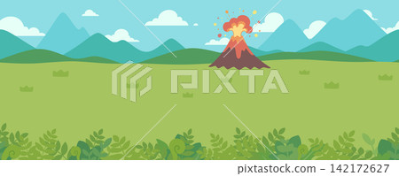 火山爆發、草原和天空的風景插畫——橫版捲軸遊戲背景——無縫 火山爆發、草原和天空的風景插畫——橫版捲軸遊戲背景——無縫 142172627