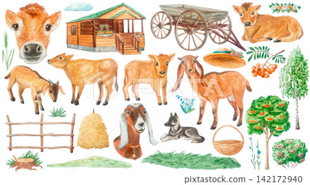 Watercolor farm bundle clip art set with cute jersey calf, nubian goat, wooden cabin, vintage cart and rustic fence. Isolated element hand drawn illustration for cottagecore country design. Watercolor farm bundle clip art set with cute jersey calf, nubian goat, wooden cabin, vintage cart and rustic fence. Isolated element hand drawn illustration for cottagecore country design. 142172940