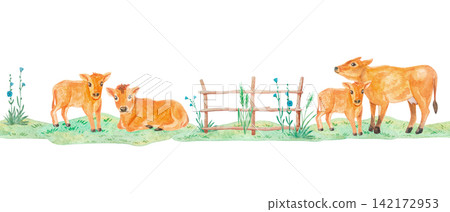 Watercolor farm seamless border with cute jersey cow, calves and rustic wooden fence on green grass. Hand drawn country cottagecore repeating horizontal ribbon banner for tape and design Watercolor farm seamless border with cute jersey cow, calves and rustic wooden fence on green grass. Hand drawn country cottagecore repeating horizontal ribbon banner for tape and design 142172953