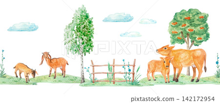Watercolor farm seamless border with cute nubian goats, jersey cow, calves, apple tree and clouds. Hand drawn country cottagecore repeating horizontal ribbon banner for tape and design Watercolor farm seamless border with cute nubian goats, jersey cow, calves, apple tree and clouds. Hand drawn country cottagecore repeating horizontal ribbon banner for tape and design 142172954