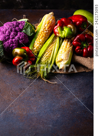 Corn, pepper, cauliflower and zucchini, farm vegetables Corn, pepper, cauliflower and zucchini, farm vegetables 142173093