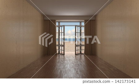 Empty Coastal Interior with Open French Doors and Ocean Beach View 142173141