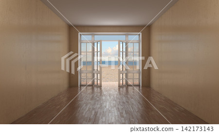 Empty Room Interior with Open French Window Overlooking Sunny Beach and Sea Empty Room Interior with Open French Window Overlooking Sunny Beach and Sea 142173143