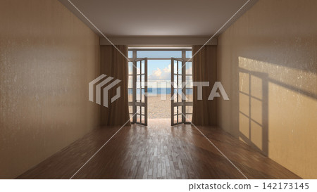 Empty Sunlit Room with Open French Doors Overlooking Sandy Beach Empty Sunlit Room with Open French Doors Overlooking Sandy Beach 142173145