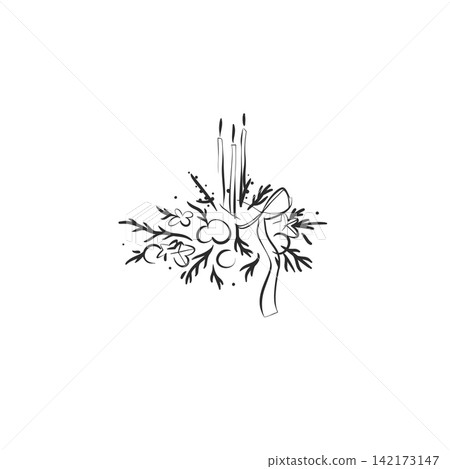 Christmas Candle Arrangement with Bow, Berries and Evergreen Branches, Cozy Festive Holiday Decoration, Hand Drawn Minimal Line Art Vector Illustration Christmas Candle Arrangement with Bow, Berries and Evergreen Branches, Cozy Festive Holiday Decoration, Hand Drawn Minimal Line Art Vector Illustration 142173147