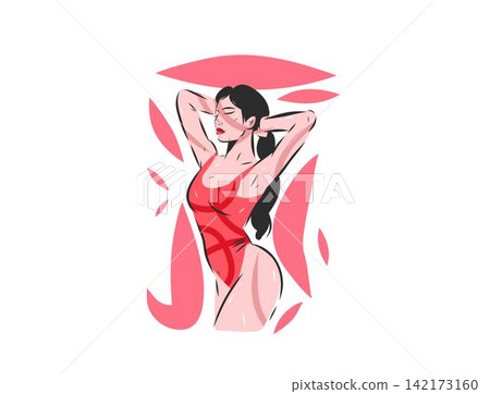 Elegant Confident Woman in Red Swimsuit Posing with Hands Behind Head, Feminine Beauty, Body Confidence, Self Love, Fashion, Wellness and Female Empowerment Vector Illustration Elegant Confident Woman in Red Swimsuit Posing with Hands Behind Head, Feminine Beauty, Body Confidence, Self Love, Fashion, Wellness and Female Empowerment Vector Illustration 142173160