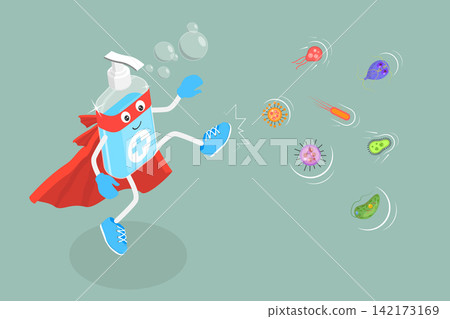 3D Isometric Flat Vector Illustration of Sanitizer, Superhero Battles Viruses And Bacteria With Bubbles 3D Isometric Flat Vector Illustration of Sanitizer, Superhero Battles Viruses And Bacteria With Bubbles 142173169