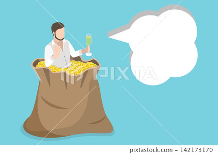 3D Isometric Flat Vector Illustration of Rich Man, Successful Businessman Swimming In Money Bag, Cocktail In Hand 3D Isometric Flat Vector Illustration of Rich Man, Successful Businessman Swimming In Money Bag, Cocktail In Hand 142173170