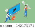 3D Isometric Flat Vector Illustration of TV Repairing, Joyful Technicians Fixing TV Set 142173171