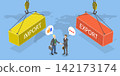 3D Isometric Flat Vector Illustration of Import And Export, Port Crane Lifting Cargo Containers With Import and Export Labels On World Map Background. 142173174
