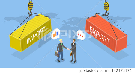 3D Isometric Flat Vector Illustration of Import And Export, Port Crane Lifting Cargo Containers With Import and Export Labels On World Map Background. 3D Isometric Flat Vector Illustration of Import And Export, Port Crane Lifting Cargo Containers With Import and Export Labels On World Map Background. 142173174