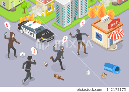 3D Isometric Flat Vector Illustration of Violence, Riots And Looting, Understanding The Impact And Implications. 3D Isometric Flat Vector Illustration of Violence, Riots And Looting, Understanding The Impact And Implications. 142173175