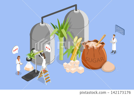 3D Isometric Flat Vector Illustration of Sugar Production, Industry Focused On Producing Sugar. 3D Isometric Flat Vector Illustration of Sugar Production, Industry Focused On Producing Sugar. 142173176
