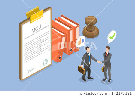 3D Isometric Flat Vector Illustration of MOU, Businessman Seals MOU With Handshake On Contract Papers After Mutual Agreement 3D Isometric Flat Vector Illustration of MOU, Businessman Seals MOU With Handshake On Contract Papers After Mutual Agreement 142173181