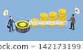 3D Isometric Flat Vector Illustration of Financial Assessment, Businessmen Measuring Coins With Tape Measure For Accuracy 142173199