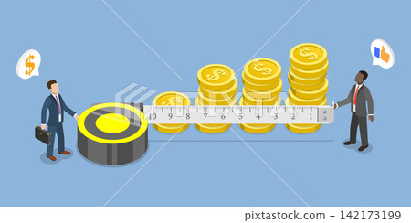 3D Isometric Flat Vector Illustration of Financial Assessment, Businessmen Measuring Coins With Tape Measure For Accuracy 3D Isometric Flat Vector Illustration of Financial Assessment, Businessmen Measuring Coins With Tape Measure For Accuracy 142173199