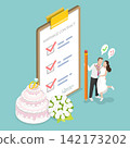 3D Isometric Flat Vector Illustration of Marriage Contract, Bride And Groom Signing an Agreement 142173202