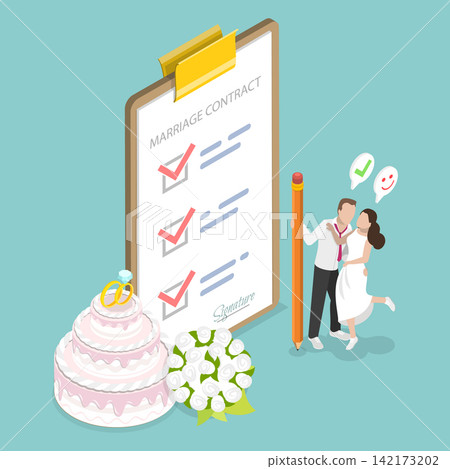 3D Isometric Flat Vector Illustration of Marriage Contract, Bride And Groom Signing an Agreement 3D Isometric Flat Vector Illustration of Marriage Contract, Bride And Groom Signing an Agreement 142173202