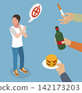 3D Isometric Flat Vector Illustration of Say NO To Bad Habits, Man Breaks Bad Habits With Alcohol And Fast Food, Quitting Forbidden Gestures Near Hands 142173203