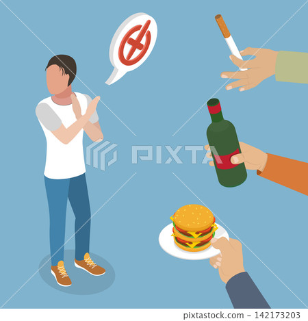3D Isometric Flat Vector Illustration of Say NO To Bad Habits, Man Breaks Bad Habits With Alcohol And Fast Food, Quitting Forbidden Gestures Near Hands 3D Isometric Flat Vector Illustration of Say NO To Bad Habits, Man Breaks Bad Habits With Alcohol And Fast Food, Quitting Forbidden Gestures Near Hands 142173203