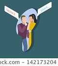 3D Isometric Flat Vector Illustration of Secret Talk, Nonverbal Communication Signals Silence, Secrecy Among Couple. 142173204