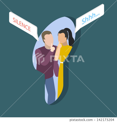 3D Isometric Flat Vector Illustration of Secret Talk, Nonverbal Communication Signals Silence, Secrecy Among Couple. 3D Isometric Flat Vector Illustration of Secret Talk, Nonverbal Communication Signals Silence, Secrecy Among Couple. 142173204