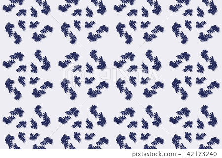 Hand drawn toothed palmate leaves and pompoms seamless repeat pattern in blue Hand drawn toothed palmate leaves and pompoms seamless repeat pattern in blue 142173240