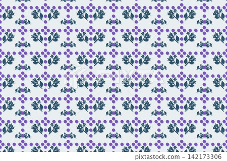 Seamless botanical pattern with slender leaves and star flowers in blue 142173306