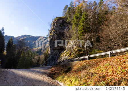 Parking place at the Loiblpass near the Tscheppaschlucht Waterfall, Karawank mountains, Austria. 142173345