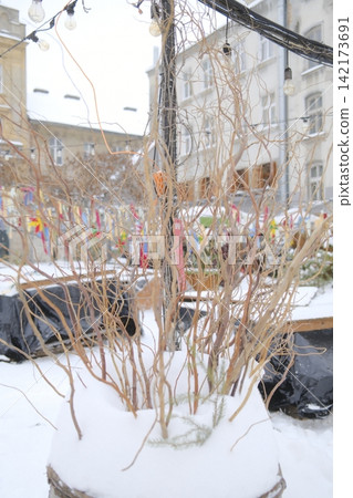 Bare branches in a snowy city square during the daylight hours Bare branches in a snowy city square during the daylight hours 142173691
