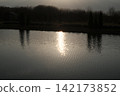 Golden light shimmers on the still water of a pond, mirroring dark trees 142173852