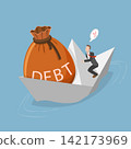 3D Isometric Flat Vector Illustration of Debt, Businessman Struggles To Survive On Sinking Paper Boat Amid Economic Crisis. 142173969