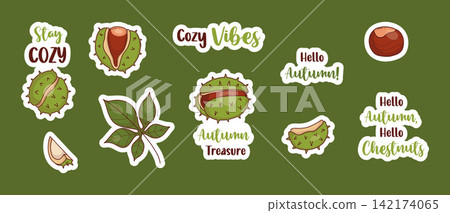Autumn Chestnut Sticker Collection. Leaf Tree, Whole, Open and Cracked Brown Nuts In Spiky Green Husks and Funny Fall Quotes with Die Cut Outline. Isolated Colored Hand Drawn. Vector Illustration. Autumn Chestnut Sticker Collection. Leaf Tree, Whole, Open and Cracked Brown Nuts In Spiky Green Husks and Funny Fall Quotes with Die Cut Outline. Isolated Colored Hand Drawn. Vector Illustration. 142174065