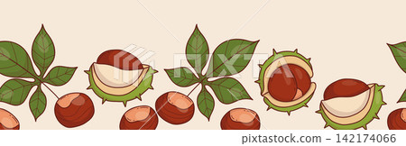 Autumn Chestnut and Leaves Seamless Border. Brown Nuts In Spiky Green Husks On Light Background. Botanical Horizontal Ribbon Frame for Seasonal Design. Hand Drawn. Vector Illustration. Website Header Autumn Chestnut and Leaves Seamless Border. Brown Nuts In Spiky Green Husks On Light Background. Botanical Horizontal Ribbon Frame for Seasonal Design. Hand Drawn. Vector Illustration. Website Header 142174066