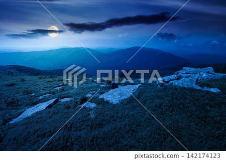 Carpathian mountain landscape in summer at night. scenic view of Transcarpathia region from the mnt. Smooth. alpine blueberry field with rock on the Polonyna Runa hill in full moon light Carpathian mountain landscape in summer at night. scenic view of Transcarpathia region from the mnt. Smooth. alpine blueberry field with rock on the Polonyna Runa hill in full moon light 142174123