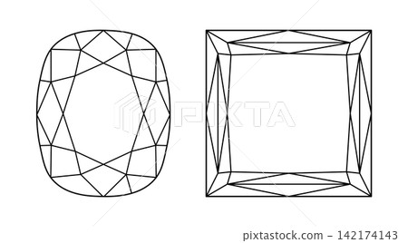 Cushion, Princess diamond cut shape. Design diagram. Diamond top view. Princess, Cushion brilliant cuts set. Gemstone outline icon for jewellery design, branding, packaging, logotype, digital graphic. Cushion, Princess diamond cut shape. Design diagram. Diamond top view. Princess, Cushion brilliant cuts set. Gemstone outline icon for jewellery design, branding, packaging, logotype, digital graphic. 142174143