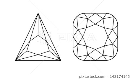 Cushion, Trillion angular diamond cut shape. Design simple diagrams. Brilliant angular Cushion, Triangular cut icons set. Gemstone outline patterns for jewellery design, branding, packaging, logotype. 142174145