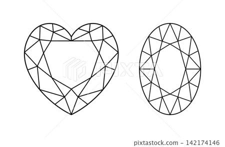 Oval, Heart diamond cut shape icon set. Design diagram. Brilliant Heart, Oval cut layouts. Diamond top view. Precious gemstone outline icons for jewellery design, branding, packaging, logo, web, app. Oval, Heart diamond cut shape icon set. Design diagram. Brilliant Heart, Oval cut layouts. Diamond top view. Precious gemstone outline icons for jewellery design, branding, packaging, logo, web, app. 142174146