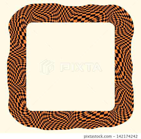Halloween orange and black checkerboard warped vector frame, Psychedelic distorted groovy border with rounded edges Halloween orange and black checkerboard warped vector frame, Psychedelic distorted groovy border with rounded edges 142174242